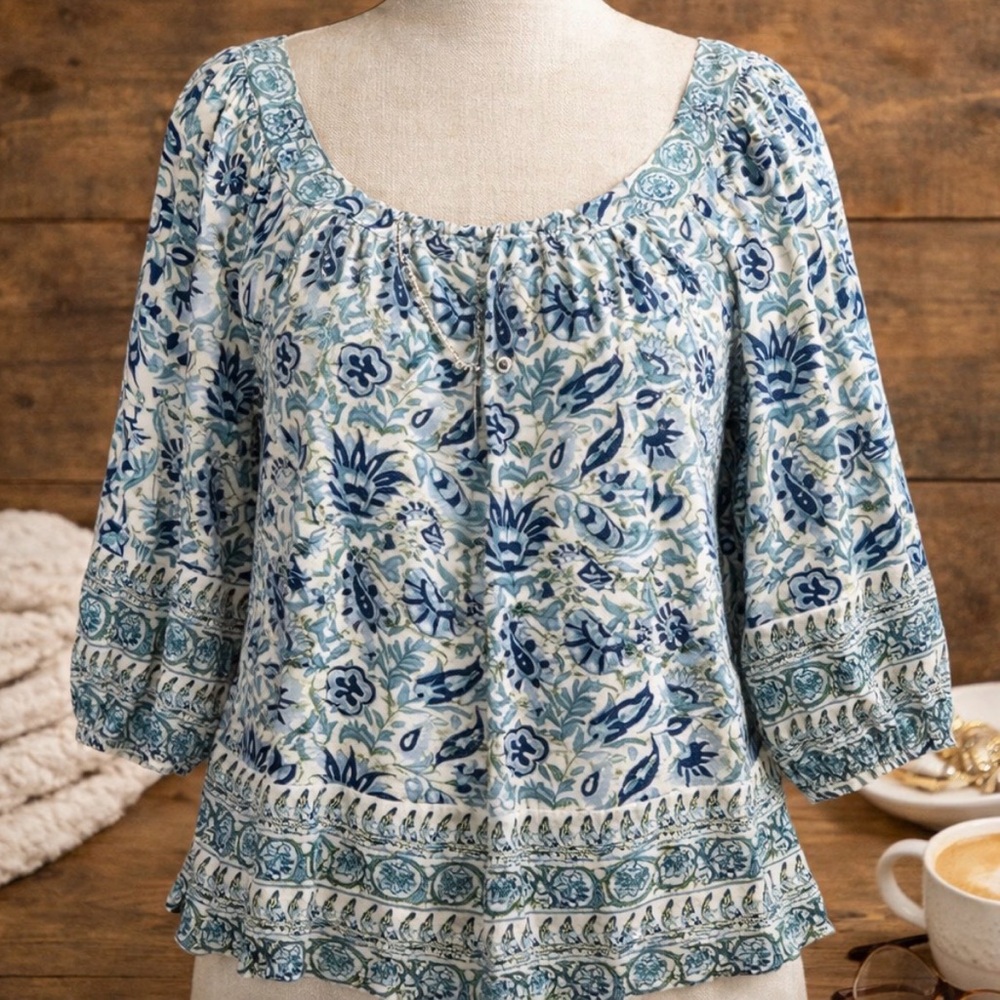 Lucky Brand Floral Paisley Top Relaxed Fit Small Blue White